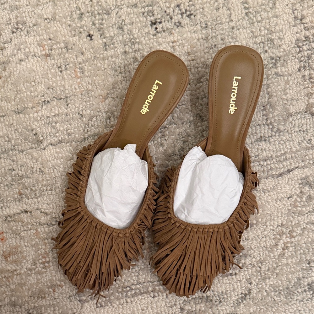 Larroude Tan Fringe Mules